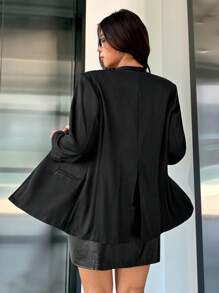 SHEIN EZwear 秋季女士加大码休闲宽松无领西装外套 - 黑色 - 查看 4