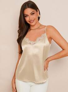 Amorya 女士优雅撞色蕾丝领缎面吊带背心，百搭，春夏季可作为分层单品，秋冬季可作为夹克内搭