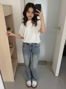 SHEIN Tween Girl Vintage Boho Urban Dark Wash Elastic Waist Stretchy Flare Jeans With Flat Pockets, Girls Daily OOTD Outfits, School, Campus, College