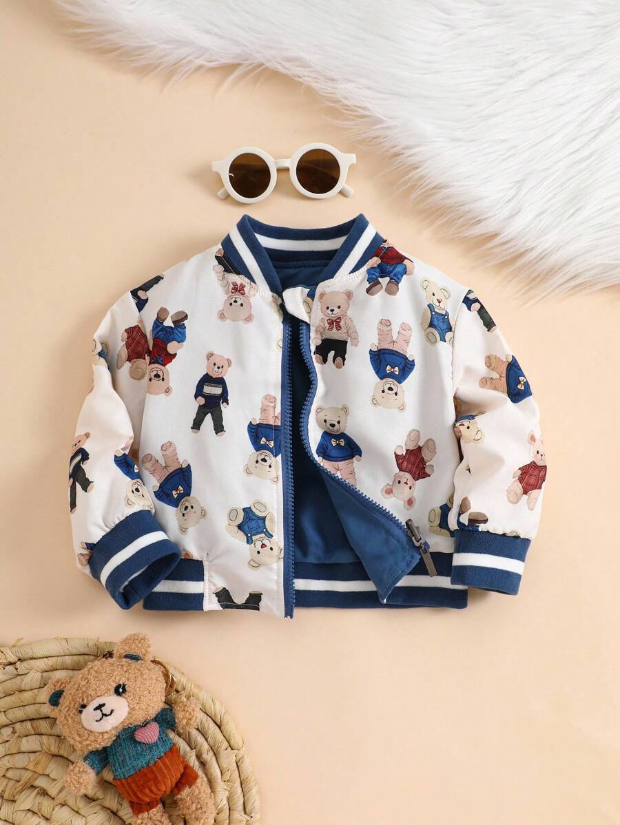 SHEIN Toddler Boys' Contrast Stripe Ribbed Collar Cute Bear Print Reversible Zip-Up Jacket Baby Bomber Jacket Baby Bear Print Jacket Baby Boy Bomber Jacket Toddler Bomber Jacket Fall Winter