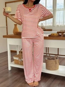 SHEIN 女士休闲条纹印花落肩仿门襟短袖睡衣套装