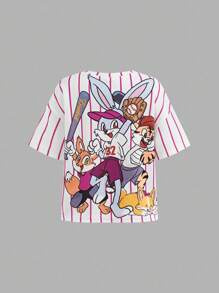 SHEIN Young Girl Casual Loose Comfortable Round Neck Cartoon Pattern T-Shirt And Pants Set - Hot Pink - View 4