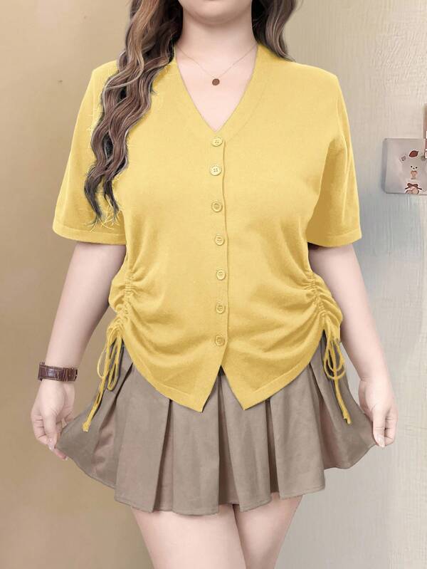 Flirla Plus Size Spring & Autumn Casual Solid Color Drawstring Short Sleeve Cardigan, For Winter