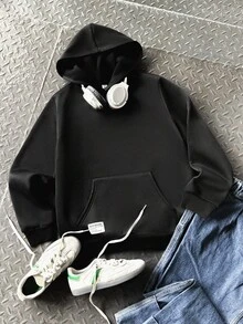 SHEIN 青少年男童返校必备基础款卫衣，简约宽松套头衫，休闲学院风，舒适时尚，百搭实用，柔软面料，适合日常穿着、上学、外出、户外运动、秋冬季穿着。黑色卫衣，纯色卫衣，黑色宽松卫衣，超大款卫衣，青少年秋季卫衣 - 黑色 - 查看 4