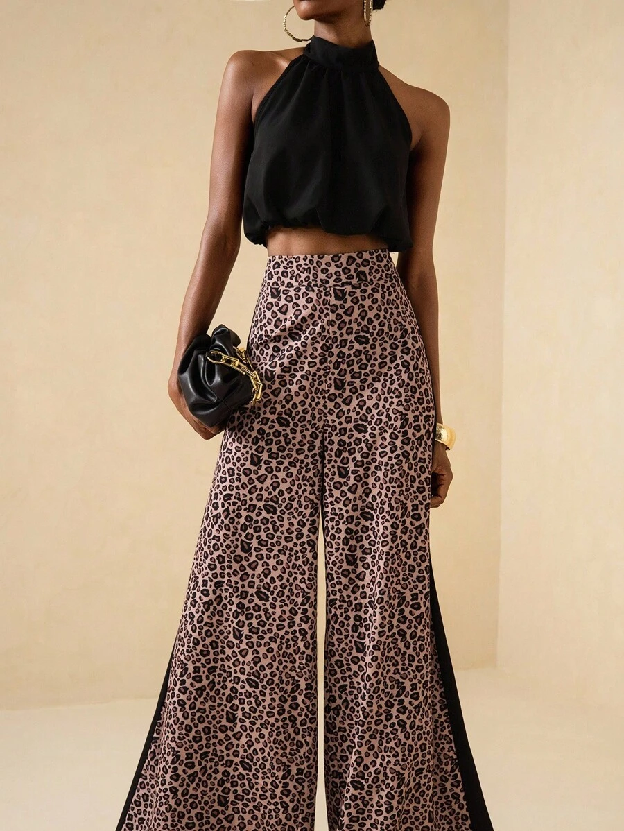 Lyxana Halter Backless Top & Wide Leg Pants Set, Leopard Print Color Block Elegant Chic Women's 2 Pieces Outfit - Multicolor - View 1