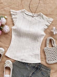 Soleia WYWH Vacation Ruffle Trim Ribbed White Knit Tee White Eyelet Top - Beige - View 4