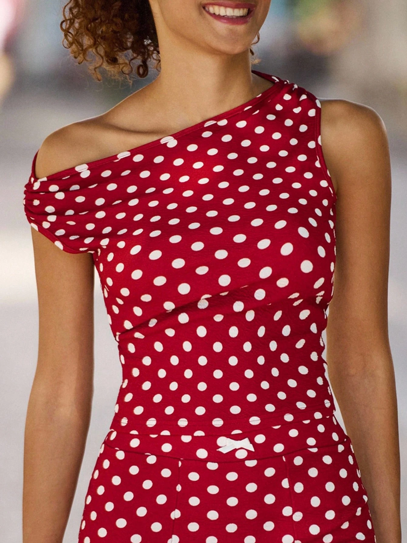 Red Polka Dot Top With Asymmetric Draped Neckline Vacation Top Chic Top Cute Spring Top Going Out Top  New Year Outfits French Style Parisian Style