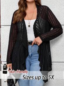 EMERY ROSE 大码女式镂空长袖休闲开襟外套 - 黑色 - 查看 2