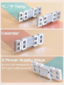 Teckwe 1个现代3D LED数字桌面时钟，适用于厨房、卧室、办公室，时尚设计，带LED白色夜灯装饰挂钟，多级亮度/时间/日期/闹钟功能，闹钟灯、时钟灯、夜灯，返校礼物 - 白色 - 查看 7
