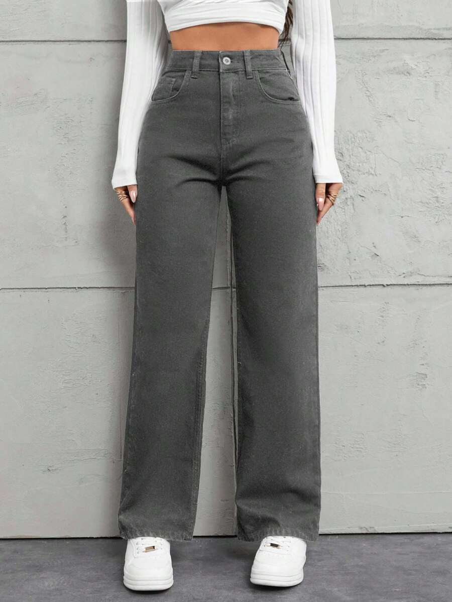 SHEIN Cottnline Women's High Waist Pockets Straight Loose Casual Versatile Jeans - Grey - View 1