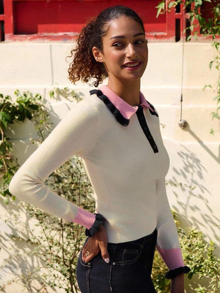 Contrast Color Flutter Collar Knit Polo Top Spring Summer Women Elegant Knit Top Going Out Top Office French Style Old Money Style Top