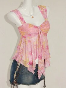 SHEIN ICON Women's Ditsy Floral Asymmetrical Hem Cute Floral Blouse, Adorable Summer Top Fall Women Clothes