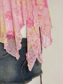 SHEIN ICON Women's Ditsy Floral Asymmetrical Hem Cute Floral Blouse, Adorable Summer Top Fall Women Clothes