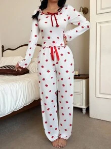 SHEIN Red And White Long Sleeve Playful Strawberry Top & Pants Two Piece Pajama Set, Fall Winter Clothes Cozy And Elegant Details - Red - View 5