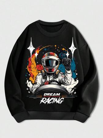 Street Life Men's Black Crew Neck Pullover Sweatshirt, Comfortable Racing Pattern Print