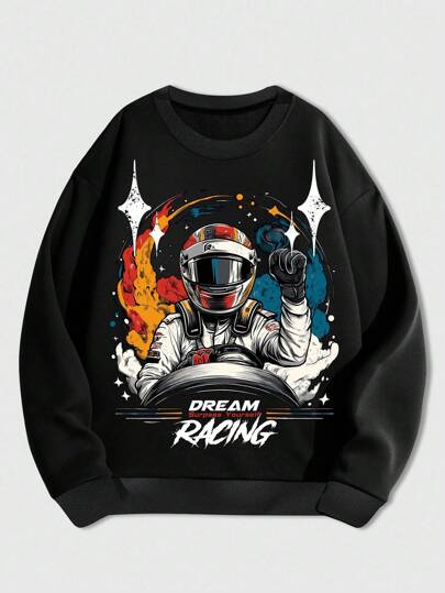 Street Life Men's Black Crew Neck Pullover Sweatshirt, Comfortable Racing Pattern Print