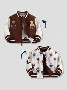 SHEIN Baby Boy Contrast Stripe Ribbed Collar Cute Bear Print Reversible Zip-Up Jacket Baby Boy Winter Jacket Baby Bear Jacket Baby Boy Winter Coat Baby Boy Winter Jacket Baby Boy Jacket Baby Boy Winter Coat Boy Winter Jacket Fall - Multicolor - View 3