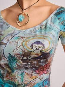 ROMWE Avant 中国风佛像印花露肩女式T恤