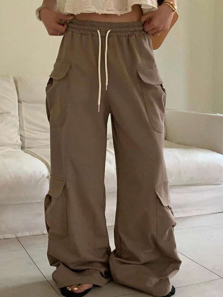 Solid Color Elastic Waist Drawstring Pocket Casual Cargo Pants Autumn Sweatpants