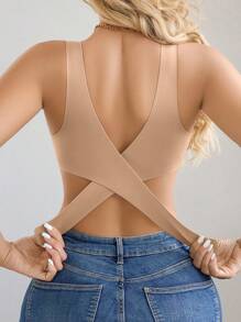 1 件女士无缝无衬垫优雅透气舒适交叉后背抹胸式文胸前扣聚拢运动文胸 - 杏色 - 查看 2