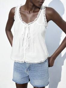 Maija 2025 Autumn/Winter New Arrival Tie Collar Bow Knot Lace Patchwork Decor Petite Cute Sweet Casual Everyday Outerwear Top, Fashion Leisure Modern Urban Elegant Romantic Business Casual Office Party Beach Holiday Music Festival Wedding Guest Brunch Y2K Vintage Street Airport Back To School Fall/Winter