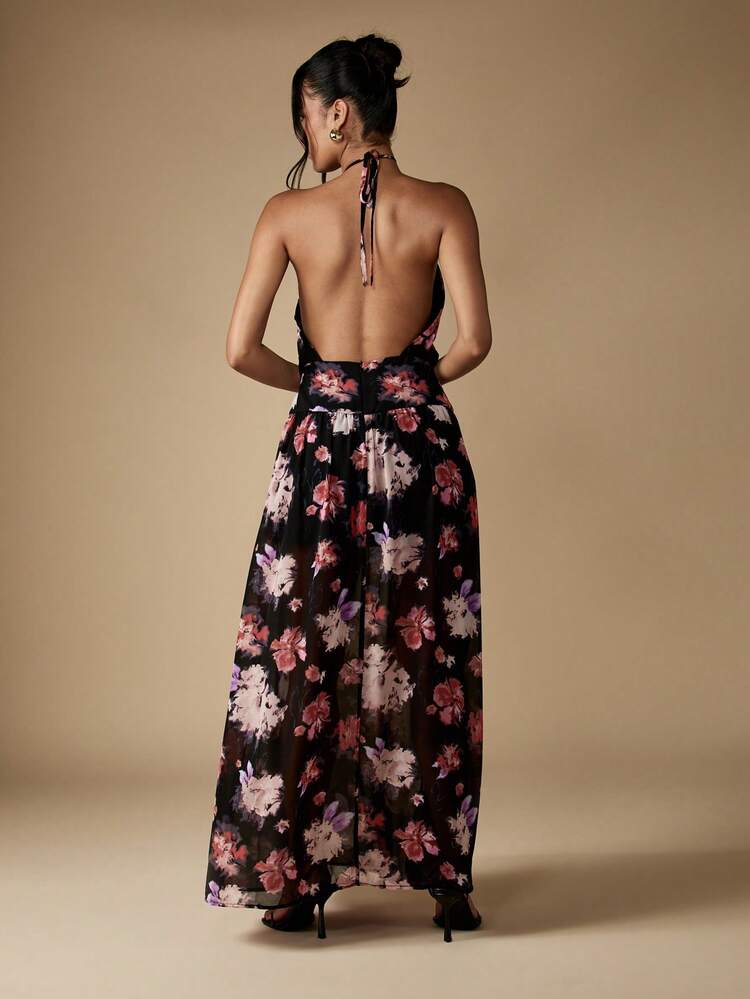 MISSGUIDED Floral Halter Neck Maxi Dress Flowing A Line Side Slit Backless Summer Wedding Guest Party Gown Evening Occasion Sleeveless Dress