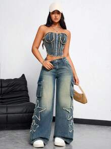 SHEIN EZwear Women's Summer Fashion Frayed Zippered Denim Bustier Top - Blue - View 6