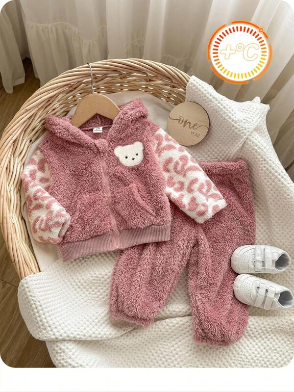 SHEIN 2pcs Baby Girl Fleece Hooded Jacket And Pants Set Fall Winter
