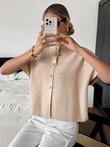 SHEIN Frenchy Women's Solid Color Round Neck Batwing Short Sleeve Single-Breasted Knitted Cardigan Winter Casual - Apricot - View 3