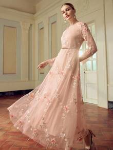 ZEYLAH 女士优雅刺绣 3D 花卉长袖连衣裙 - 淺粉色 - 查看 1