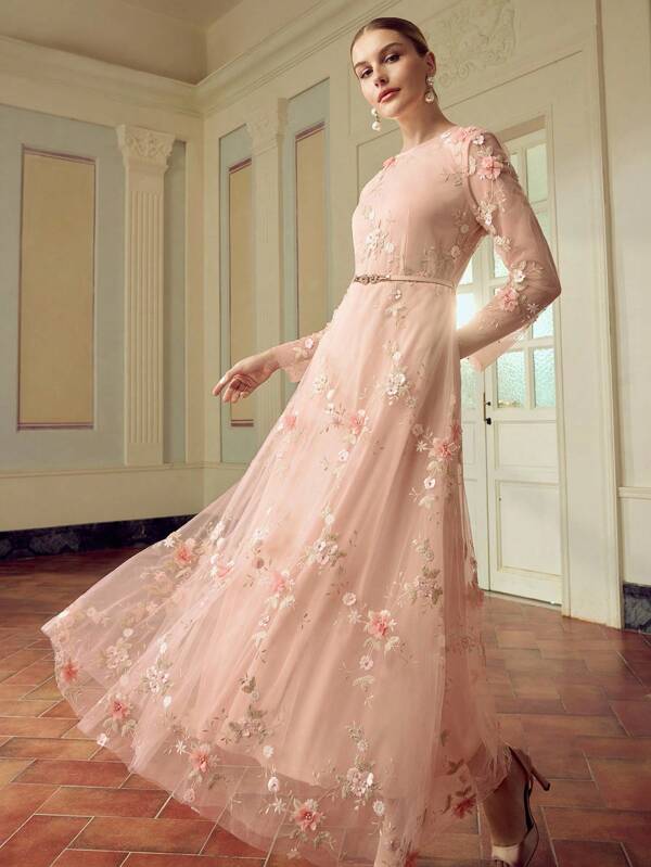 ZEYLAH Vestido de manga larga elegante con bordado floral 3D para mujer