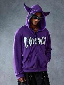 ROMWE MEN Anime Men's Casual Daily Letter Pattern Zip-Up Sweatshirt , Fall - Purple - View 5