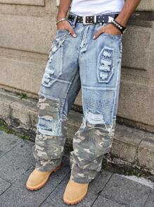 Manfinity Roghcode Casual Distressed Camouflage Patchwork Wide Leg Loose Fit Jeans, American Streetwear Style Baggy Ripped Jeans Men Camo Jeans Men Streetwear Jeans - Blue - View 6