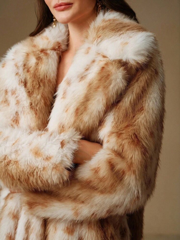 レディース エレガントラグジュアリー ヒョウ柄 フェイクファー襟 ロングコート、カラーブロック、冬用