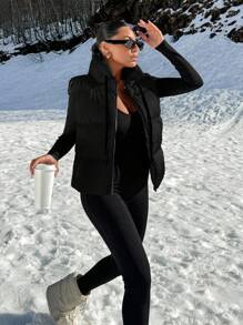 EURMUSE Stand Collar Solid Color Zip-Up Vest For Winter - Black - View 4