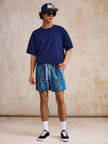 Surfspeed Men's Elastic Waist Drawstring Loose Casual Summer Beach Pants (Printed Asymmetrical Pattern) - Blue - View 2