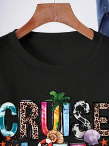 Women White Cotton T Shirt Cruise Life Leopard Letter Dolphin Starfish Shell Front Print Cruise Vacation Beach Casual Graphic Tee - Black - View 4