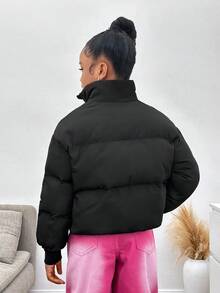 SHEIN Tween Girls Black Stand Collar Loose Padded Coat, Thick & Comfortable All-Match Versatile Casual Wear For Autumn/Winter - Black - View 2
