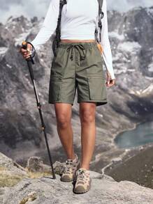 Pantalones cortos de mezclilla casuales y sueltos con cintura con cordón y bolsillo con cremallera para mujer - Verde militar - Ver 8