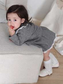 DAZY 2pcs Baby Girls' Lace Patchwork Collared Long Sleeve Cardigan And Pleated Skirt Knit Sweater Set Fall,Winter