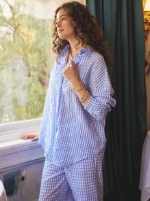 Aralina 睡衣秋冬可爱 Y2K 斯德哥尔摩风格纹理格子泡泡纱超大衬衫，配金色装饰纽扣