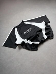 Manfinity Campus Court 年轻休闲黑白拼布刺绣T恤 - 黑與白 - 查看 4