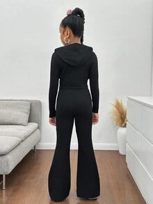 SHEIN Tween Girl Ribbed Texture Zip Up Cropped Hoodie And Retro Flared Leg Pants All-Match Casual Sport Set, Minimalist Essential Wardrobe, Spring & Autumn Fall Winter - Black - View 4