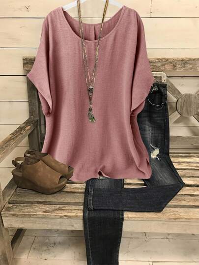 SHEIN LUNE Chemise ample décontractée de vacances couleur unie à manches chauve-souris en grande taille