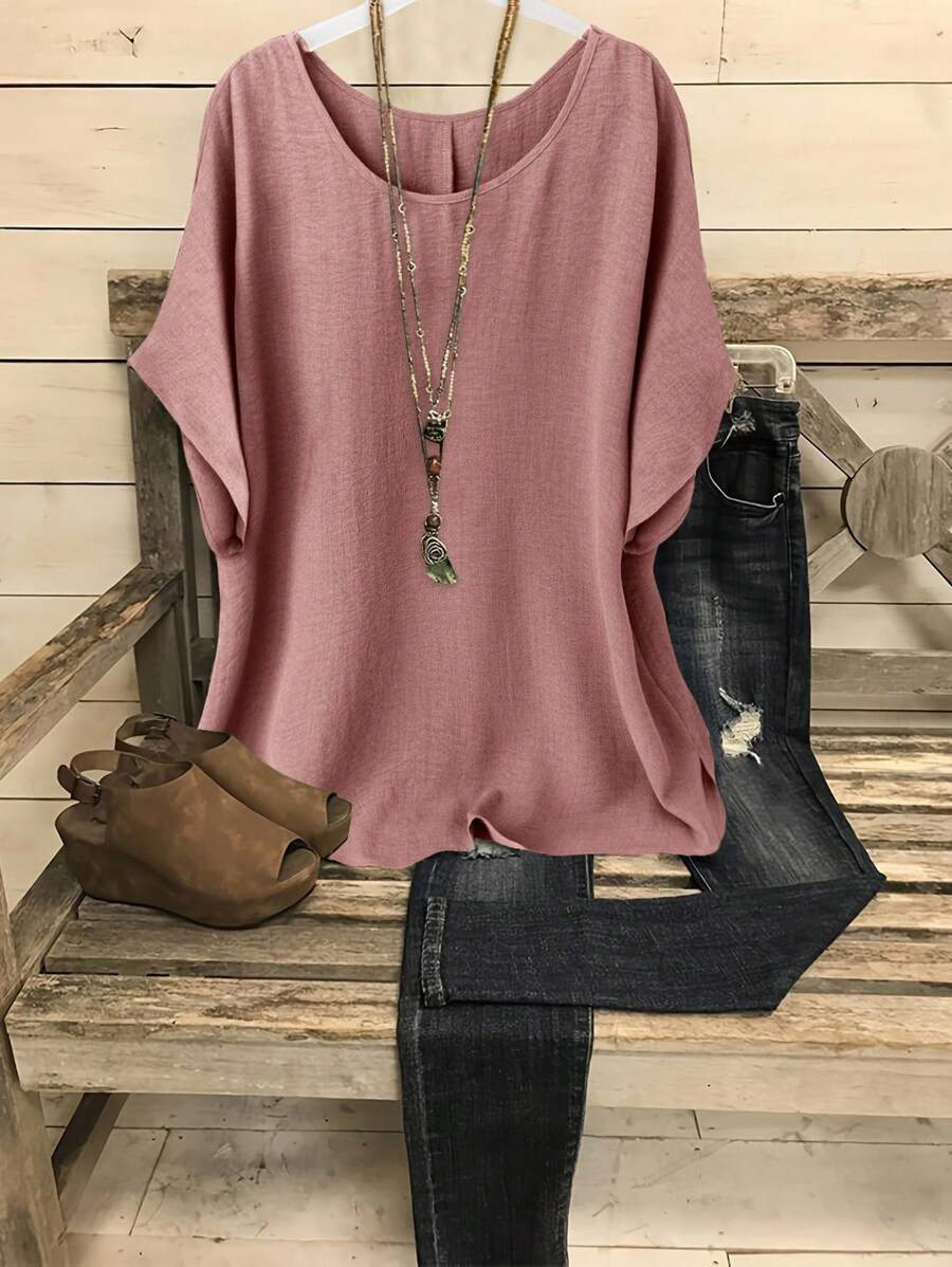 Linhara 大码休闲度假纯色蝙蝠袖宽松休闲衬衫 - 粉色 - 查看 1