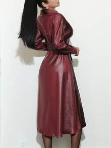 DAZY Vestido casual largo de manga larga con cuello y cintura brillante y ceñida para mujer - Burdeos - Ver 6