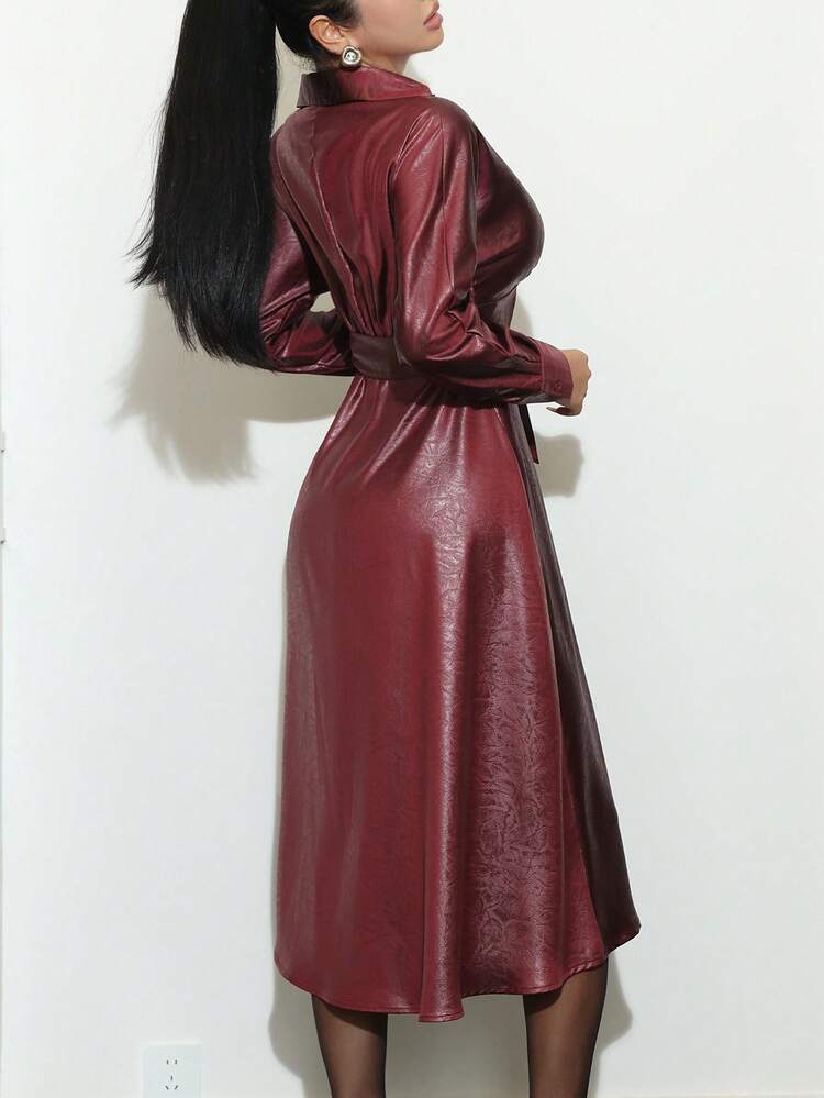 Women's Collared Long Sleeve Shiny Waist Cinched Long Casual Dress