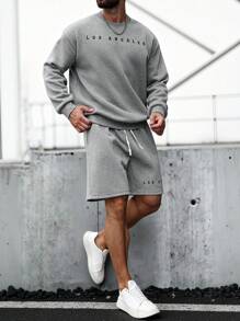 Manfinity Dauomo Nam Lỏng lẻo Lá thư In Áo nỉ Và Quần short 2 Miếng Bộ - Xám - Xem 4