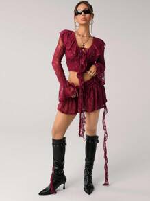 SHEIN ICON Y2k Fall Women's Western Burgundy Ruffled Flare Sleeve Sheer Lace 2 Pieces Set - Burgundy - View 1