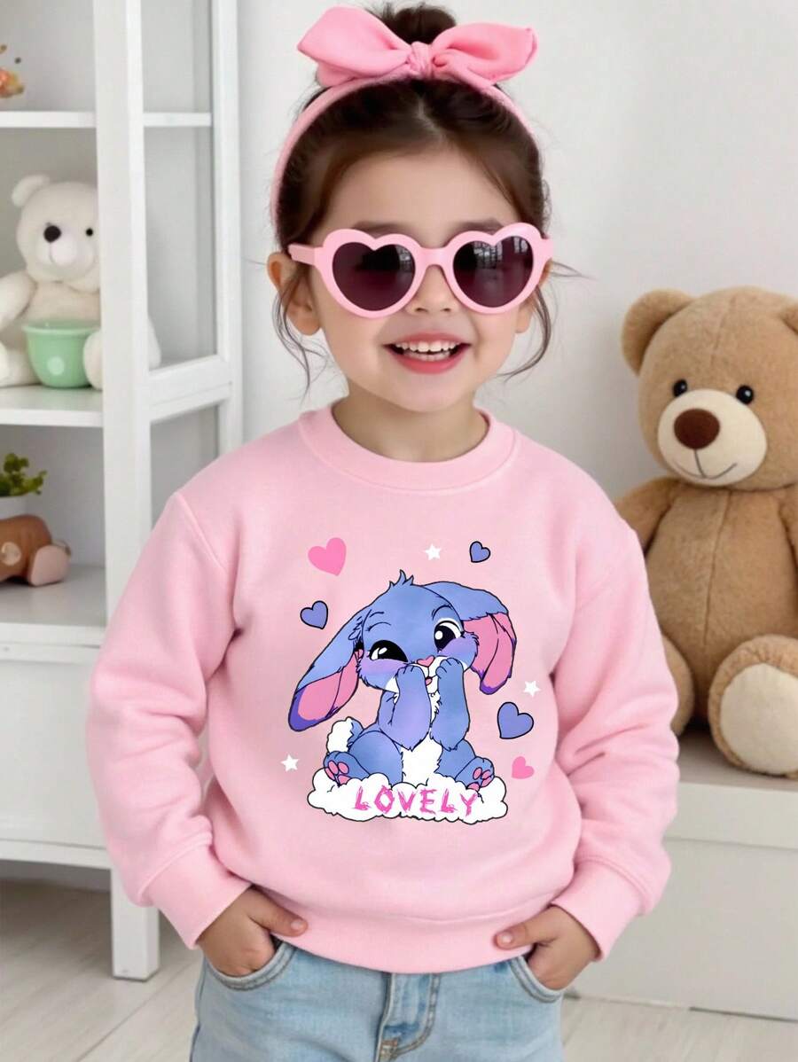 SHEIN Young Girl' Casual Creative Blue Rabbit Graphic Print Basic Round Neck Sweatshirt Fall Winter - Pink - View 1